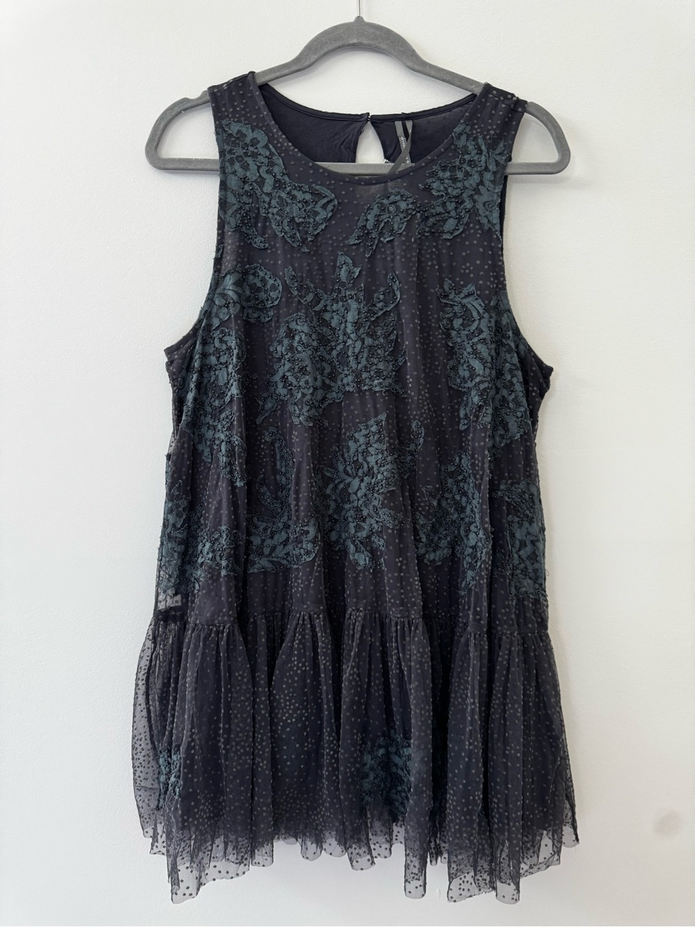Anthropologie Sleeveless Blue Mesh Tunic with Dark Teal Floral Lace and Beading